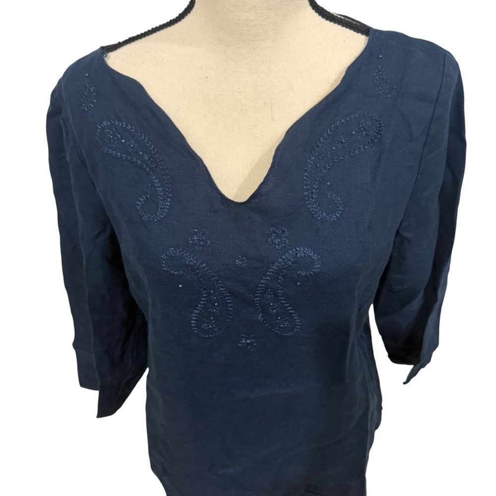 Caribbean Joe Navy Blue 100% Linen Size Large Shirt 3/4 Sleeve Embroidered